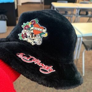 Ed Hardy Black Fuzzy Hat with Skull and Roses